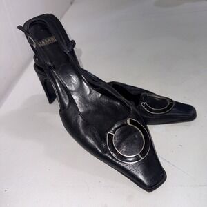 Casadei Black Leather Bow Pumps Square Toe Italy Designer Y2K Vintage Heels 7.5B